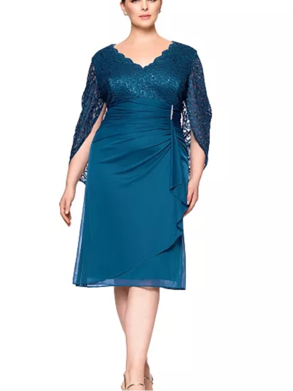 B&A Betsy & Adam Plus Size Teal Sequin Lace Draped Cape Sheath Dress 16W NWT